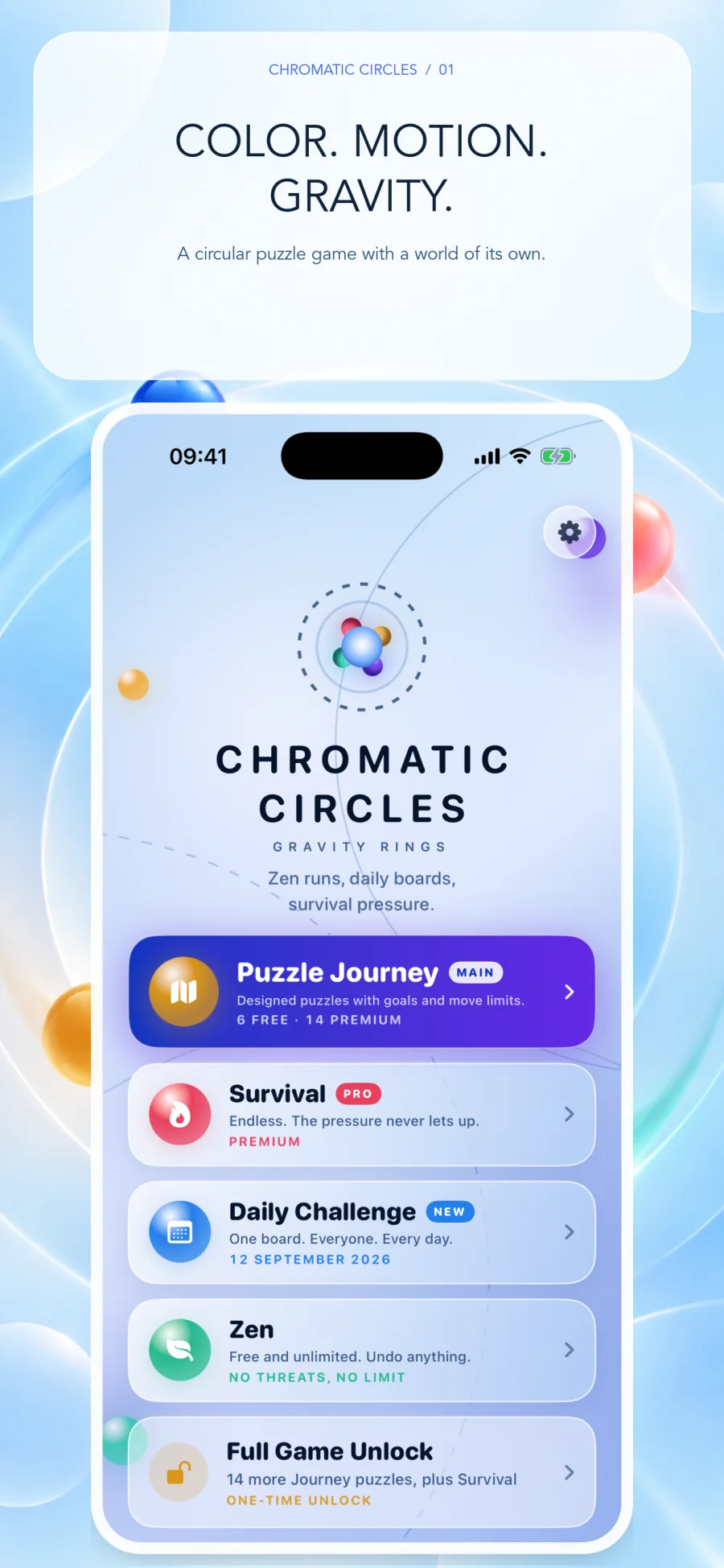 Chromatic Circles home screen showing Journey, Survival, Daily Challenge, and Zen modes