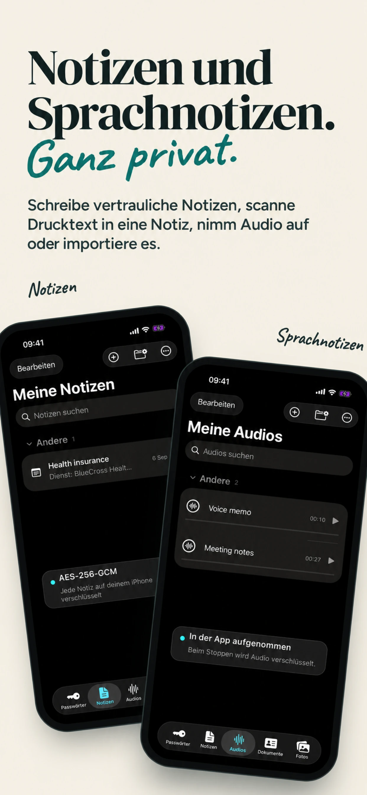 Private Notizen und verschlüsselte Audioaufnahmen in SecureKit