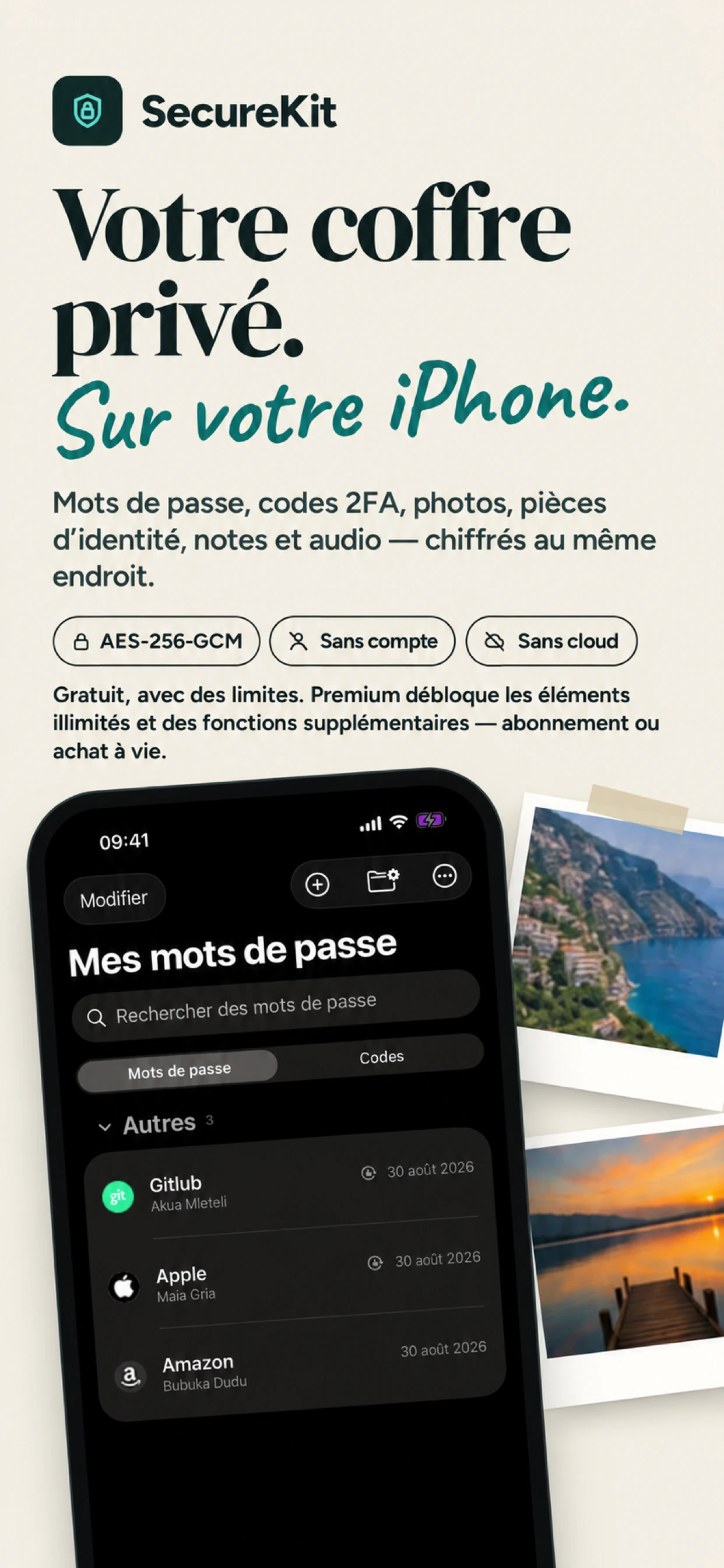 Coffre chiffré SecureKit pour iPhone avec accès gratuit et Premium facultatif