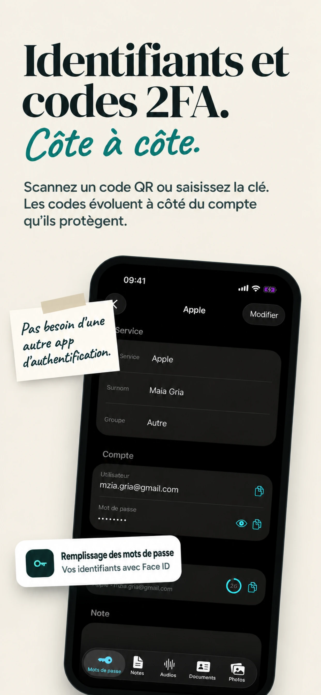 Mots de passe, remplissage automatique et codes à deux facteurs dans SecureKit
