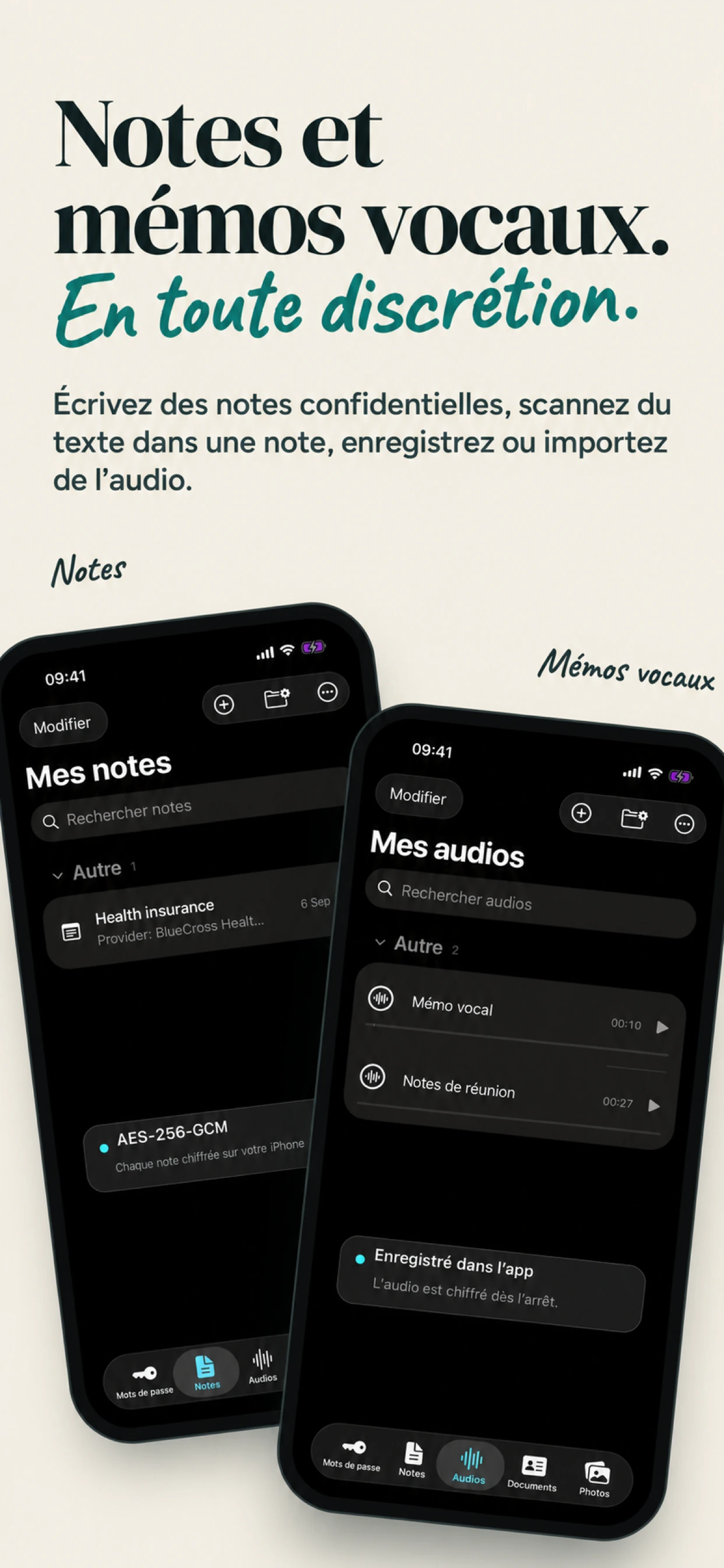 Notes privées et enregistrements audio chiffrés dans SecureKit