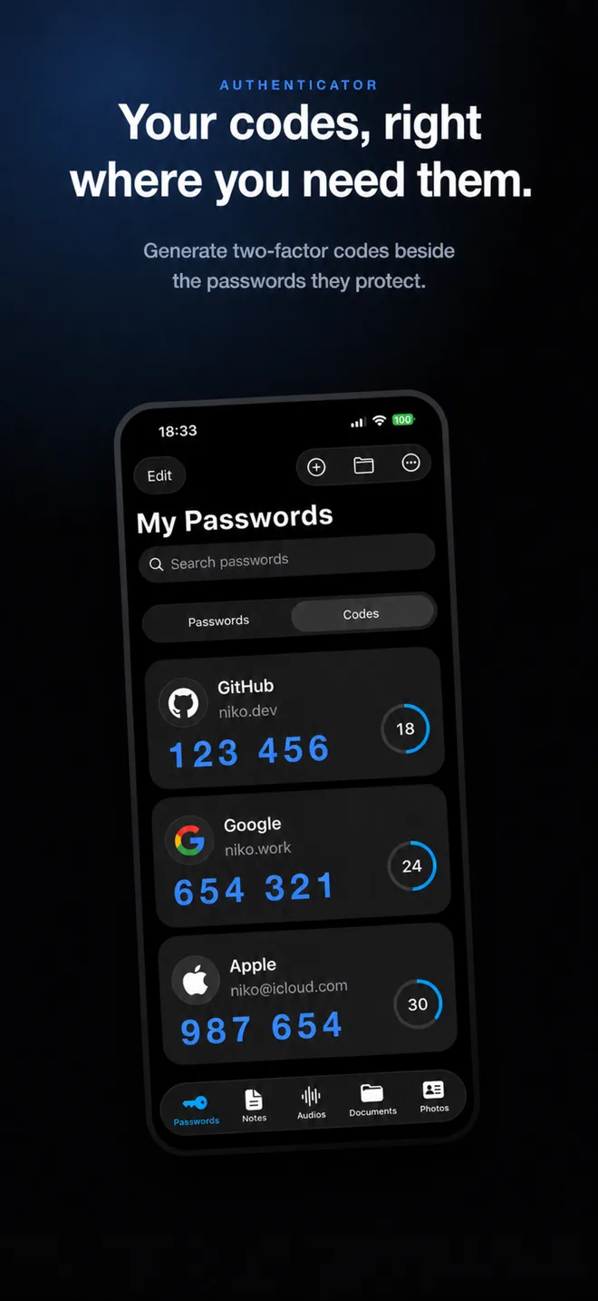SecureKit two-factor authenticator codes shown beside saved passwords