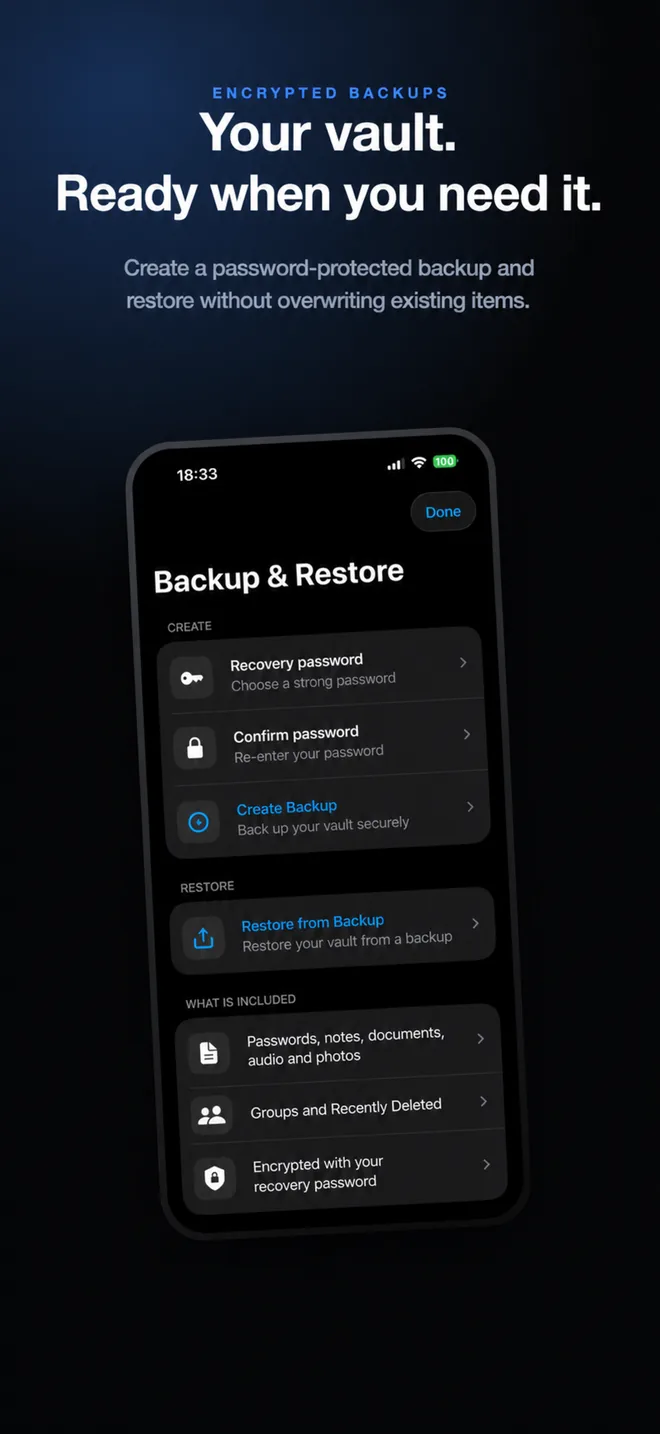 SecureKit encrypted backup and restore screen with recovery password