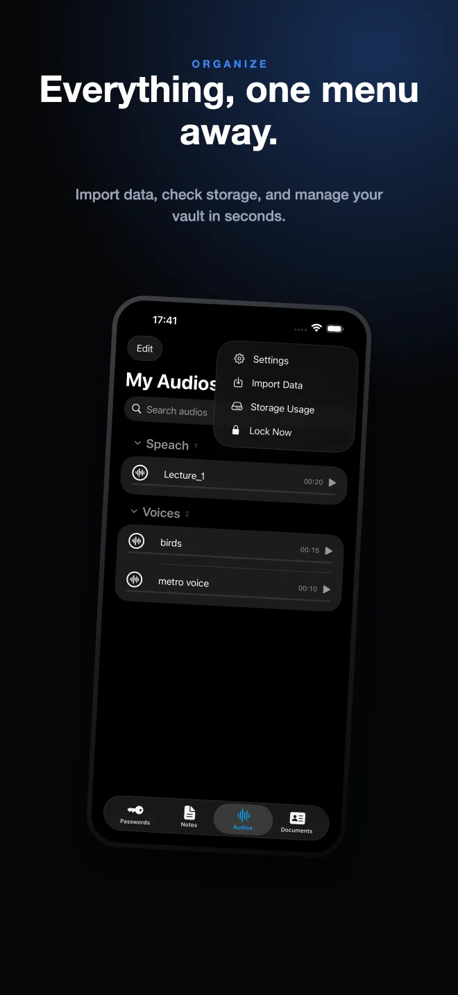 SecureKit quick organization menu