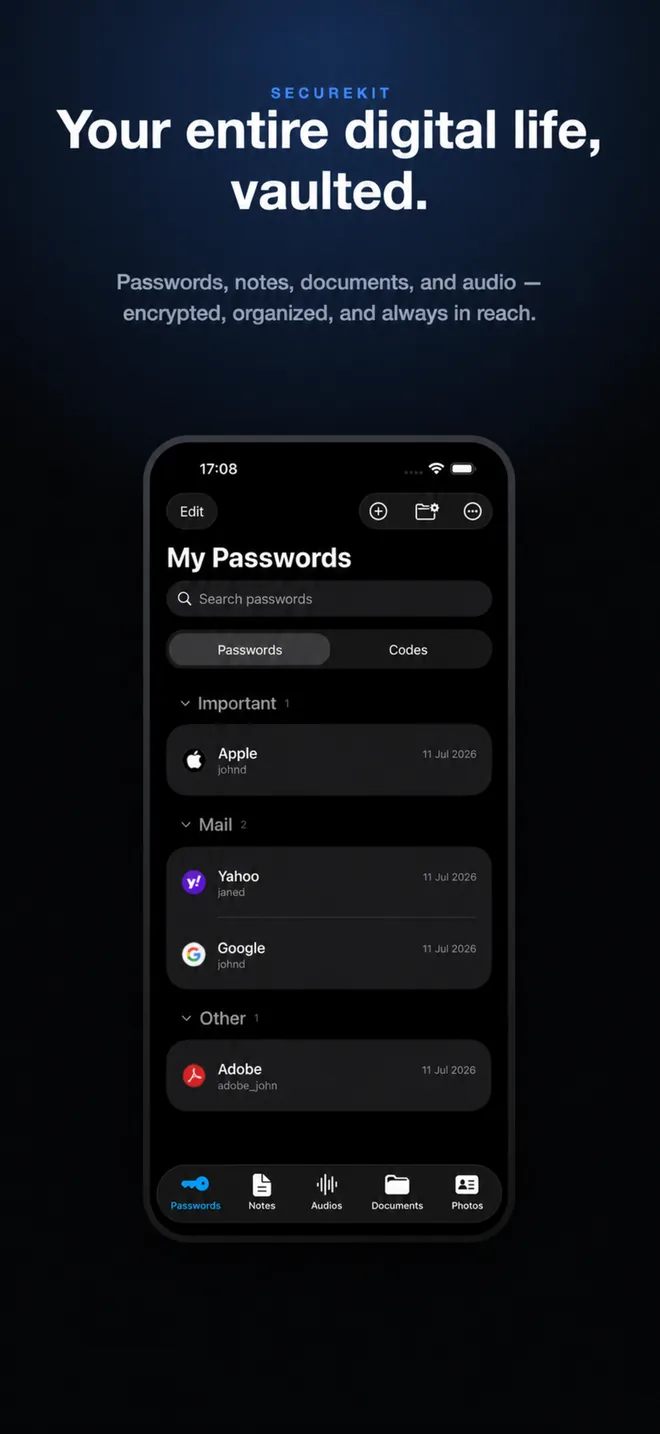 SecureKit vault showing passwords grouped by category on iPhone