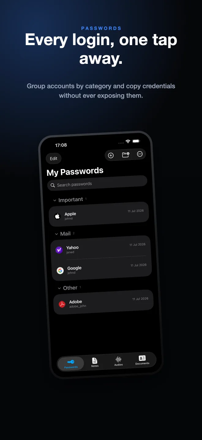 SecureKit password vault grouped by category