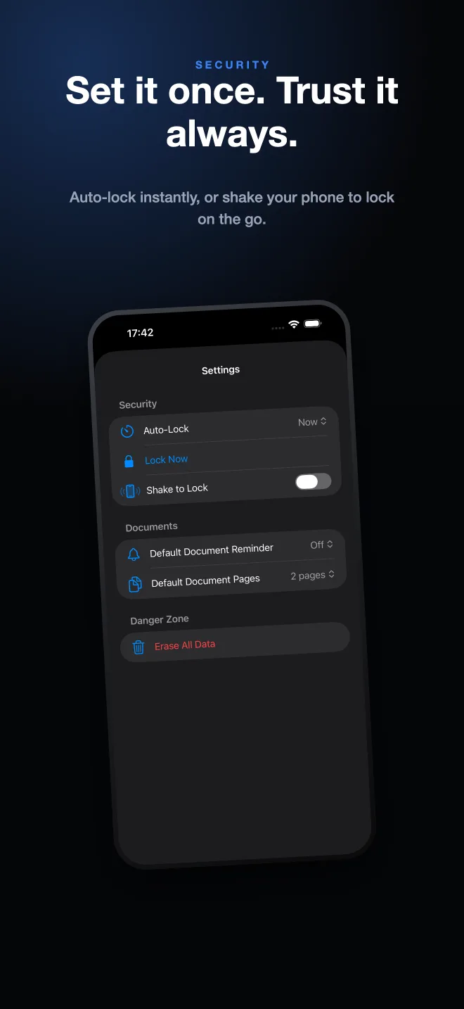 SecureKit auto-lock and shake-to-lock settings